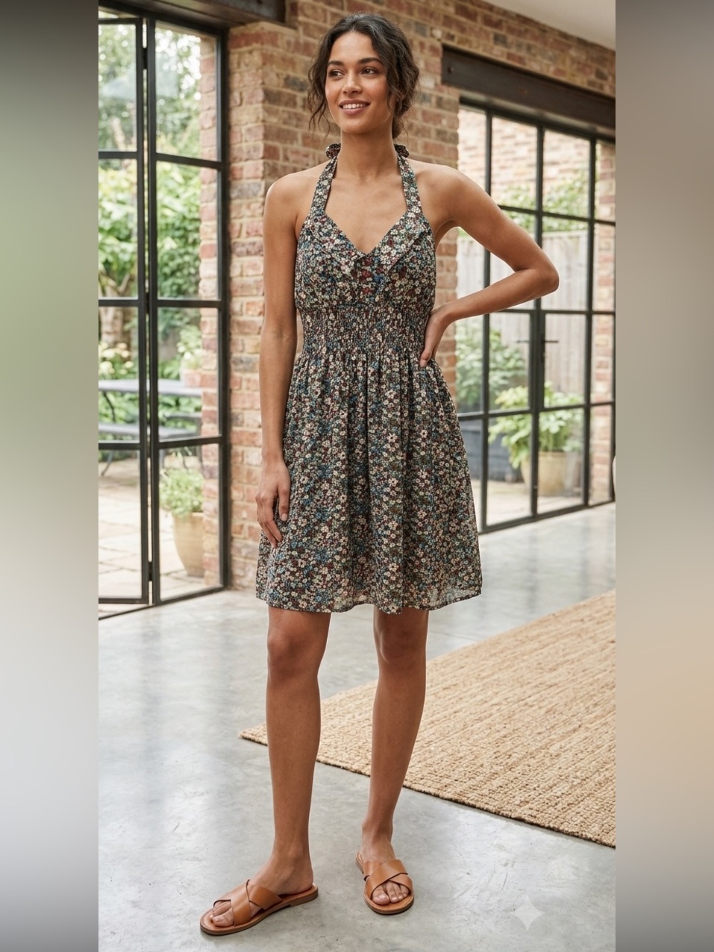 Pinky Fully Line Floral Halter Midi Dress Elastic Smocking Pointed Collar Button